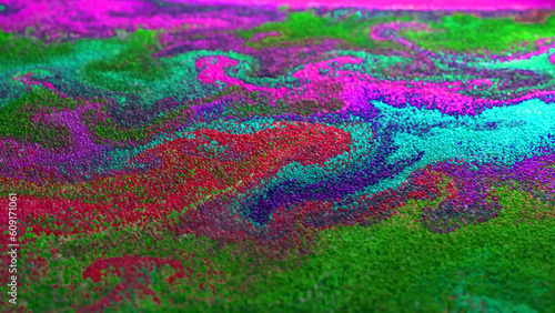 Multicolored particles balls spheres abstract flowing substance liquid with gradient. A stream of particles moves across the background as a simulated wave of dots. Surreal motion. 3d rendering © MIKHAIL