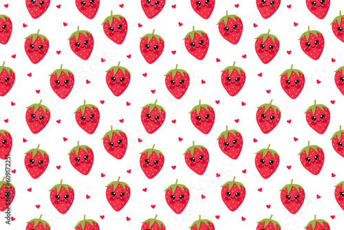 Cute summer seamless pattern with kawaii lovely strawberry. Cheerful design for kids clothes with sweet strawberry fruits characters on white background