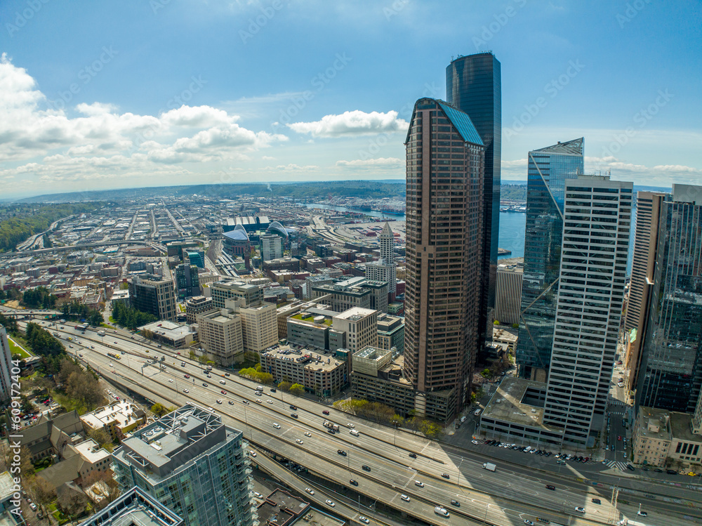 Interstate 5 from Above- Sunny Seattle Aerial Looking South