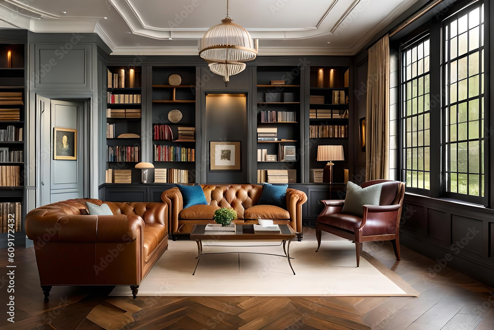 A cozy and inviting home library with floor-to-ceiling bookshelves, a  comfortable reading nook, and soft lighting, creating a haven for book  lovers and intellectuals, Traditional English interior desi Stock  Illustration