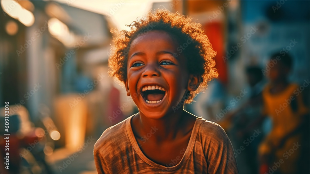 A poor boy in tattered clothes on the street of a large African city A poor boy in tattered clothes on the street of a large African city