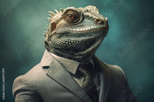 Anthropomorphic iguana dressed in a suit like a businessman. Business Concept. AI generated, human enhanced