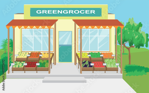 greengrocer where various vegetables and fruits are sold at its door