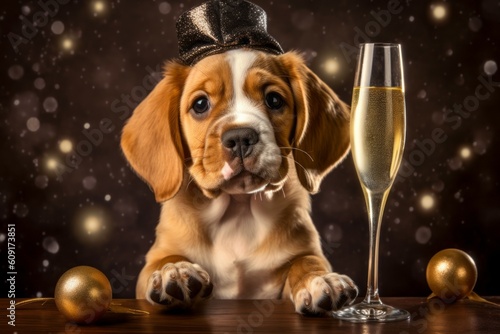 Cute puppy with a glass of champagne or sparkling wine. AI generated  human enhanced