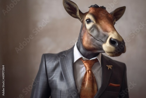 Anthropomorphic cow dressed in a suit like a businessman. business concept. AI generated, human enhanced