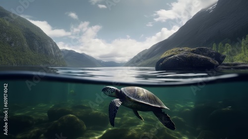 animal sea turtle underwater in a lake