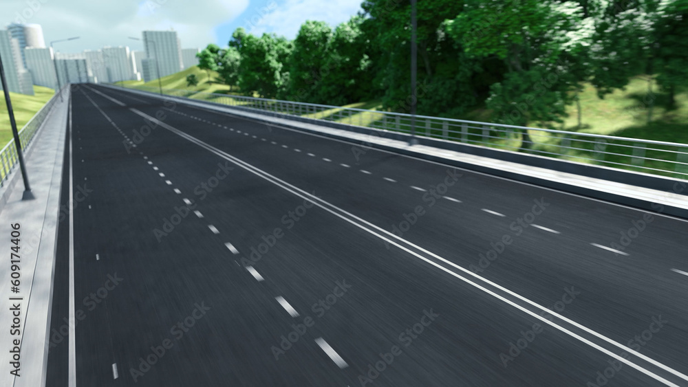 Empty desert road. Very fast driving. Realistic high quality 3d rendering