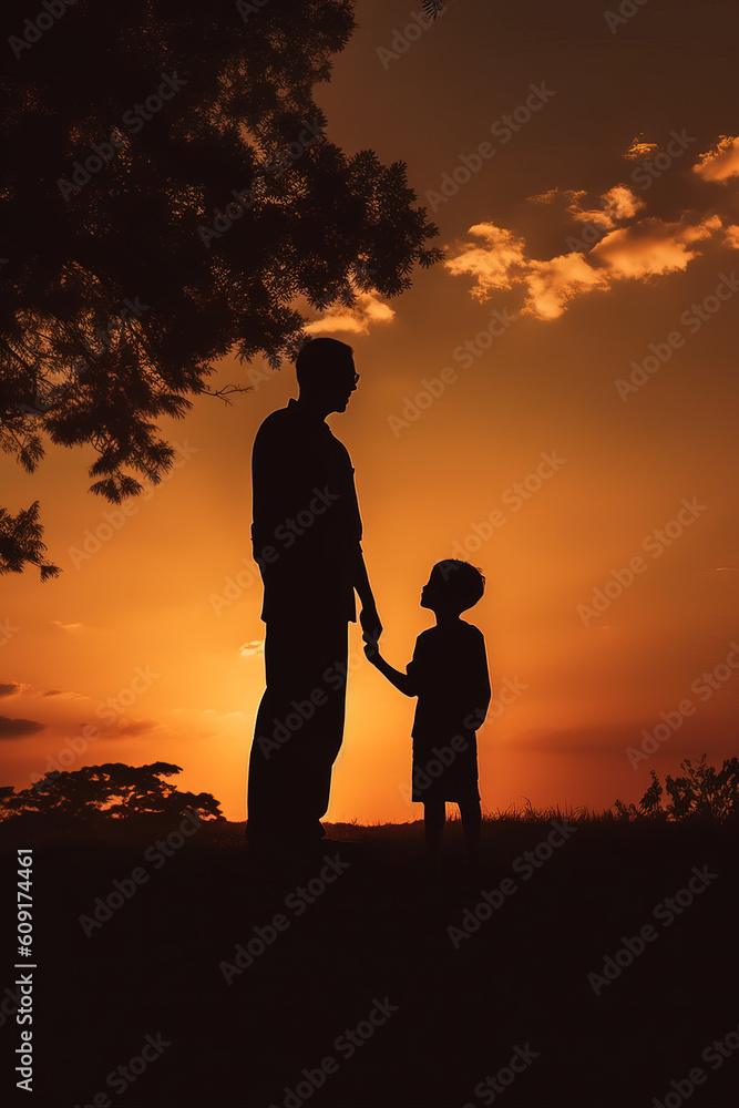 Father and son silhouette at sunset