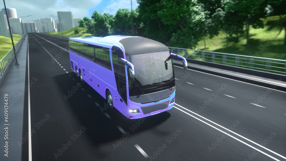 Purple tourist passenger modern bus on the highway. Surrounded by nature, trees, fields. Concept of tourism and transportation of people between cities. Sunny summer day. 3d rendering