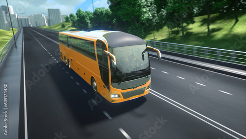 Orange tourist passenger modern bus on the highway. Surrounded by nature, trees, fields. Concept of tourism and transportation of people between cities. Sunny summer day. 3d rendering