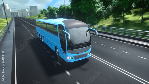 Blue tourist passenger modern bus on the highway. Surrounded by nature, trees, fields. Concept of tourism and transportation of people between cities. Sunny summer day. 3d rendering