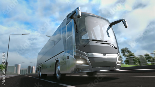 Gray tourist passenger modern bus on the highway. Surrounded by nature, trees, fields. City background. Concept of tourism and transportation of people between cities. 3d rendering #609174493