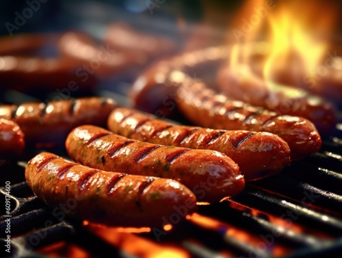 sizzling hot sausages on charcoal bbq grill, generative ai