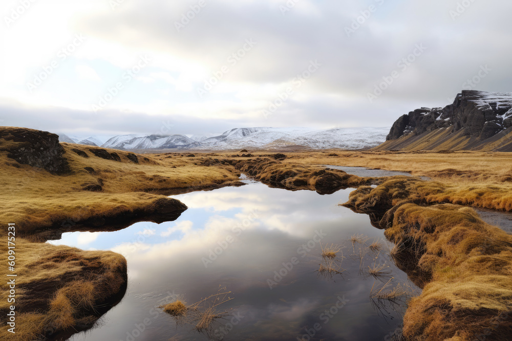 Iceland landscape with lake and clouds