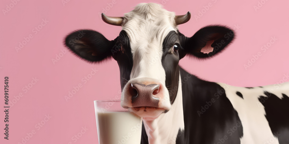 Cow and glass of milk isolated on pink background with copy space. Banner of a natural farm dairy eco product.  Generative AI professional photo imitation.