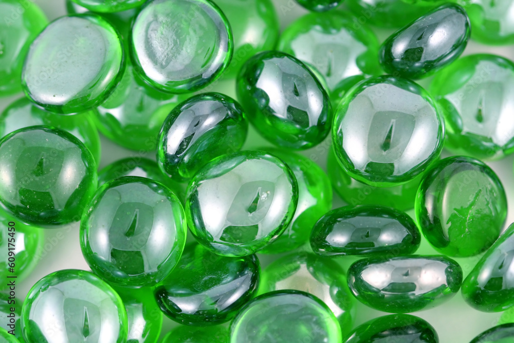 Closeup of green glass beads.
