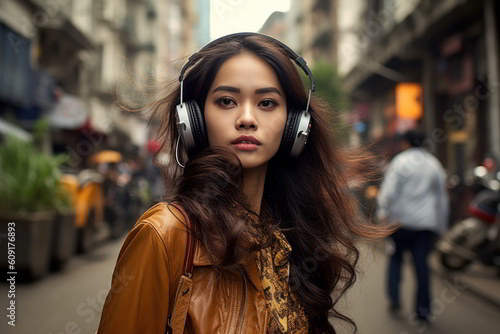 Fictional Indonesian woman wearing headphones in street