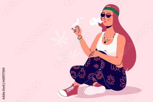 Beautiful hippie girl is sitting and smoking a joint with marijuana. Young woman in sunglasses smoking weed and relaxing. Medical cannabis. Drug addiction. Vector illustration.