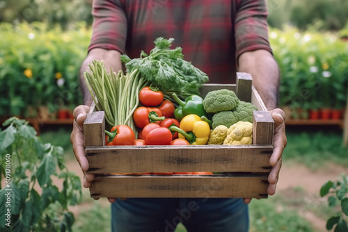 Hands young farmer is holding a box of organic vegetable. Generative AI