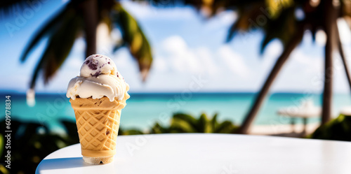 Ice cream on a white table on the beach against the background of a blurred sea with palm trees. Generative AI.