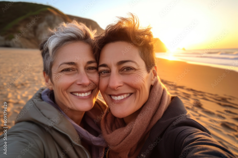 Selfie of two mature lesbian women, LGBTQ acceptance, generative AI Selfie of two mature lesbian women, LGBTQ acceptance, generative AI
