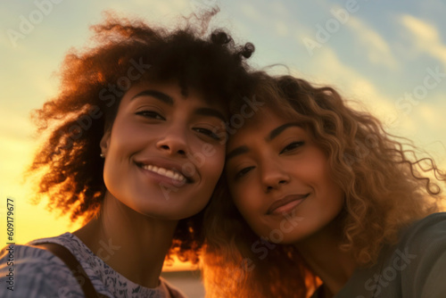 Selfie of two powerful lesbian women, LGBTQ acceptance, generative AI