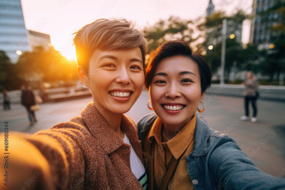 Selfie of mature lesbian asian women, LGBTQ acceptance, generative AI Selfie of mature lesbian asian women, LGBTQ acceptance, generative AI