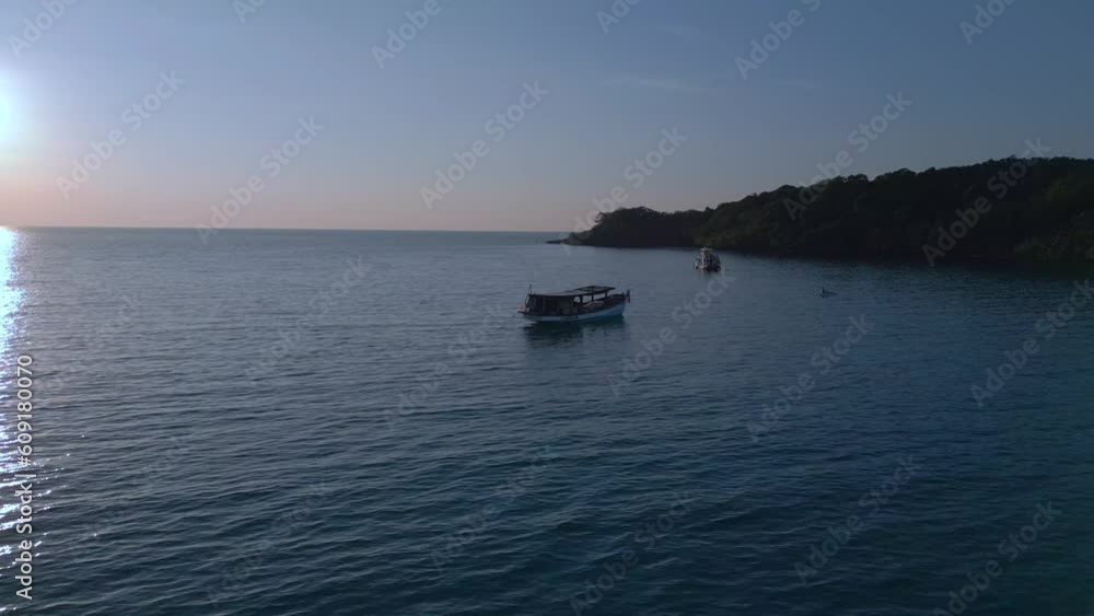 thailand Private boat in bay at sunset Lovely aerial top view flight drone thailand Private boat in bay at sunset Lovely aerial top view flight drone