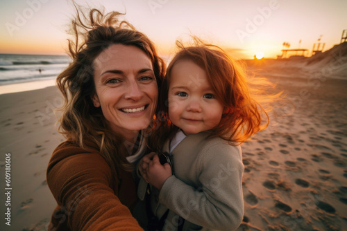Selfie mother and daughter, single parent family, diversity, generative AI