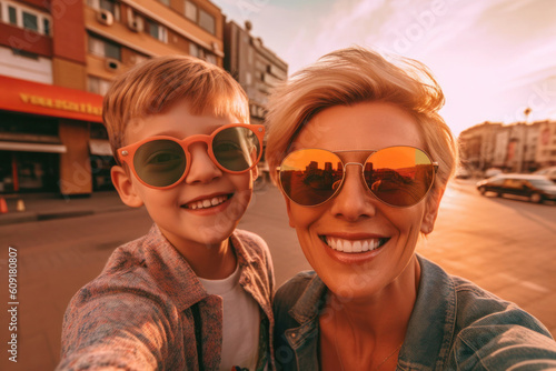 Selfie mother and son, single parent family, diversity, generative AI