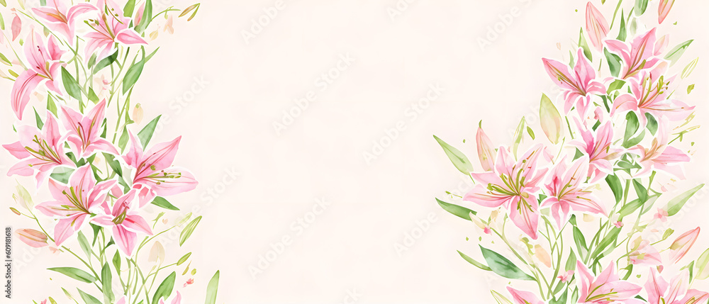 Beautiful lily flower wedding invitation. Frame of lilies. Watercolor illustration. Decorative item for Wallpaper, wrapping paper and backgrounds, postcards and wedding invitations. Generative AI.