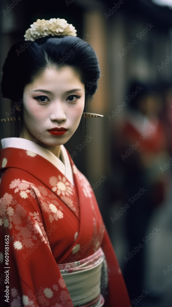 Geisha Elegance: A Japanese Woman Adorned in Traditional Geisha Attire on a Japanese Street, Generative AI Geisha Elegance: A Japanese Woman Adorned in Traditional Geisha Attire on a Japanese Street, Generative AI