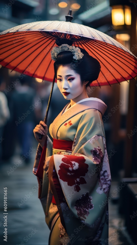 Fototapeta premium Geisha Elegance: A Japanese Woman Adorned in Traditional Geisha Attire on a Japanese Street, Generative AI