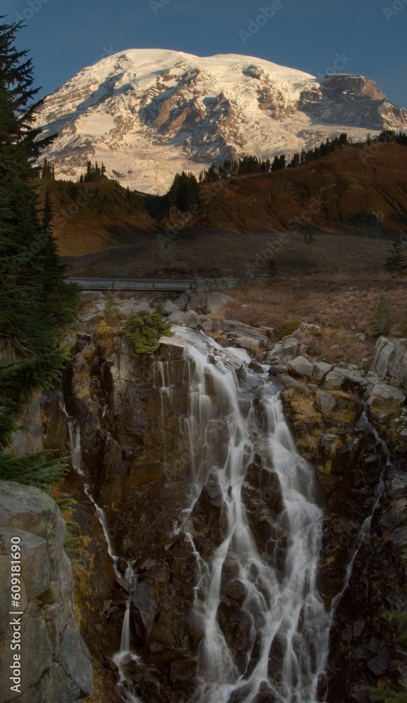 Mount Rainier and Myrle Falls early morning