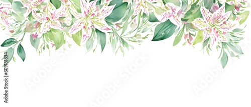 Beautiful lily flower wedding invitation. Frame of lilies. Watercolor illustration. Decorative item for Wallpaper, wrapping paper and backgrounds, postcards and wedding invitations. Generative AI.