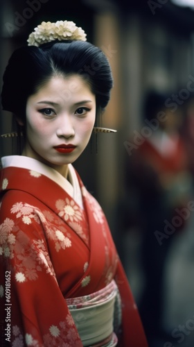 Geisha Elegance: A Japanese Woman Adorned in Traditional Geisha Attire on a Japanese Street, Generative AI
