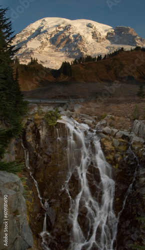 Mount Rainier and Myrle Falls early morning