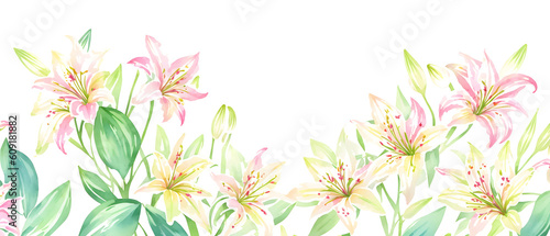 Beautiful lily flower wedding invitation. Frame of lilies. Watercolor illustration. Decorative item for Wallpaper, wrapping paper and backgrounds, postcards and wedding invitations. Generative AI. © 360VP