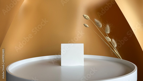 White geometric shape on a white round podium with dry flowers. Beige background with shadow. Layout of a stand for product presentation. Minimal concept. Show product. banner Studio photo.Front view.