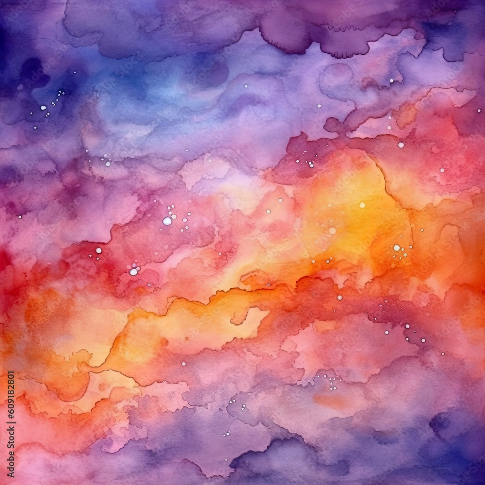 Abstract watercolor background sunset sky orange purple. AI generated