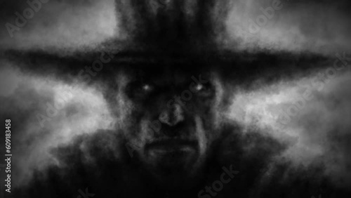 Scary male face in big hat. Evil ghost 2D animation. Gloomy maniac silhouette. Dark fantasy movie. Horror video. Spooky character from nightmares. Music clips, VJ loops. Black and white background. photo