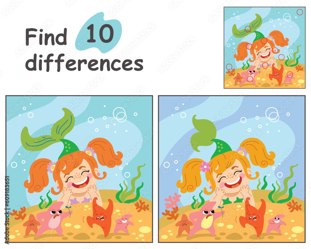 Find 10 differences with mermaid and starfishes vector illustration