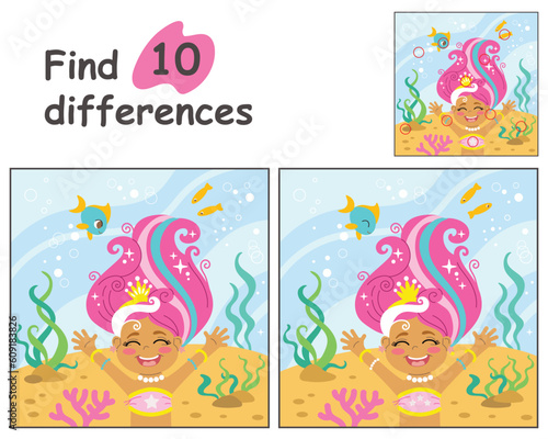 Find 10 differences with cute mermaid vector illustration