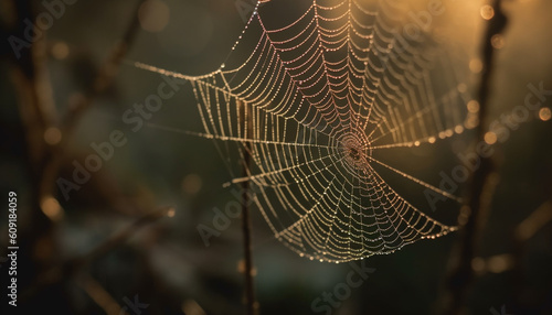 Spider web glistens with dew in autumn forest generated by AI