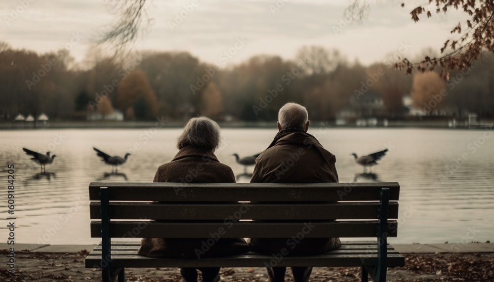 Senior couple sitting on bench enjoying nature generated by AI