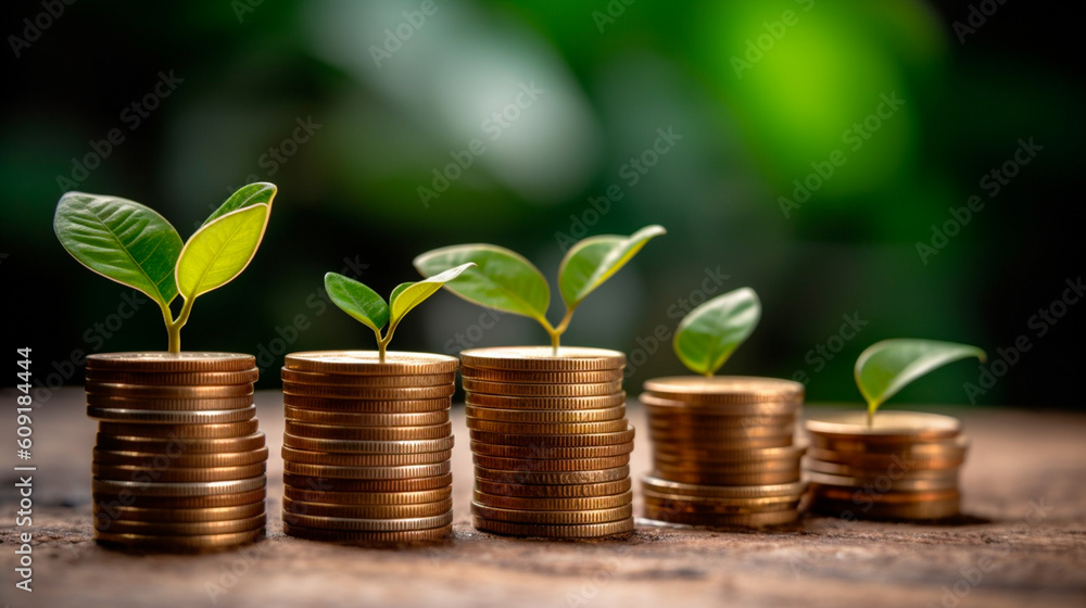 a row of stacks of coins with a plant growing out of them. Tree leaf on save money coins, Business finance saving banking investment concept. Generative AI a row of stacks of coins with a plant growing out of them. Tree leaf on save money coins, Business finance saving banking investment concept. Generative AI