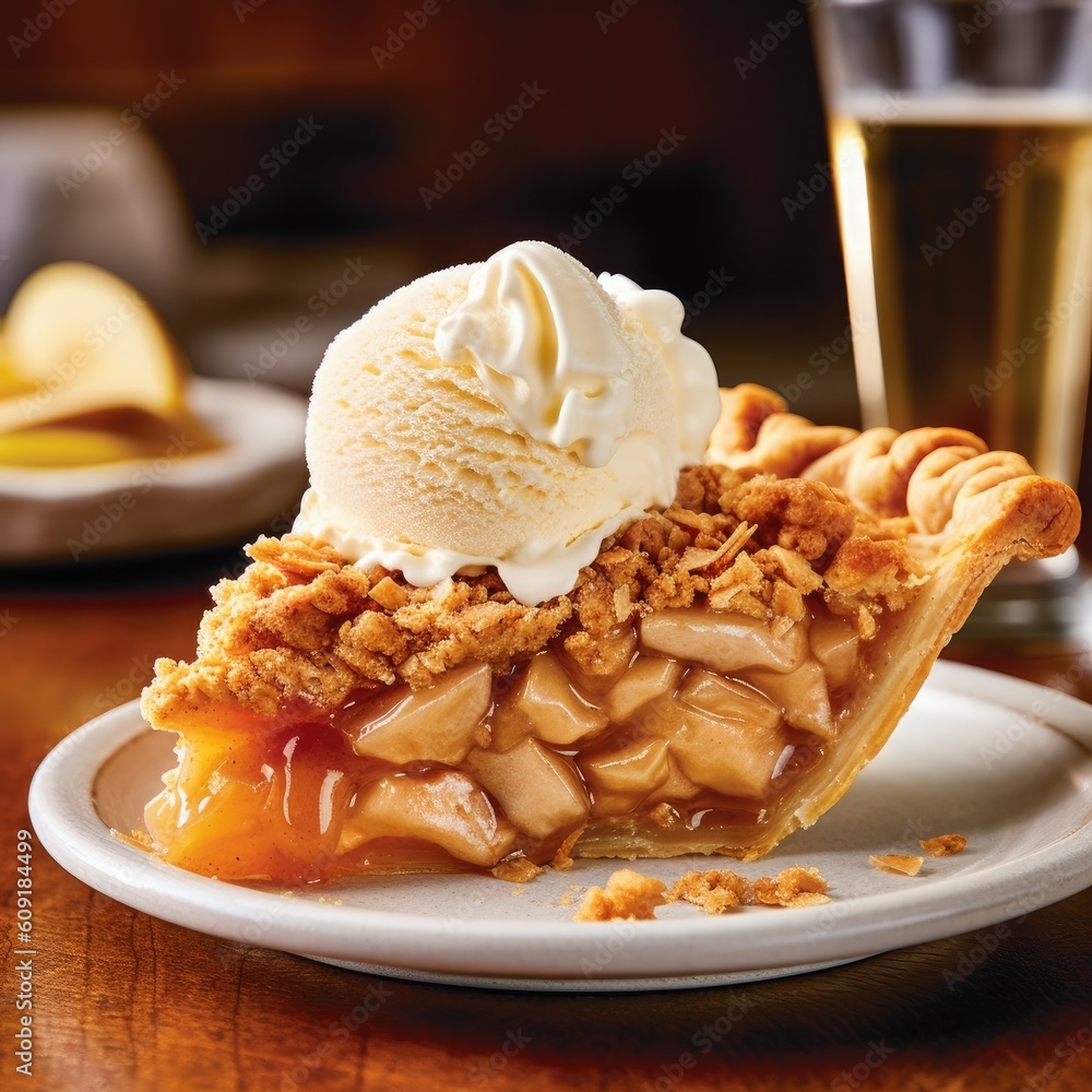 Heavenly Apple pie with ice cream and crumble served on white plate with blurred background. AI Generated Heavenly Apple pie with ice cream and crumble served on white plate with blurred background. AI Generated