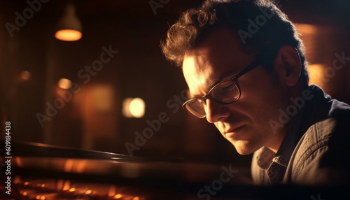 Young businessman reading, city lights behind him generated by AI