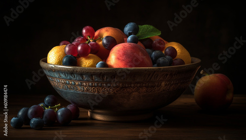 Fresh fruit bowl on wooden table  healthy snack generated by AI