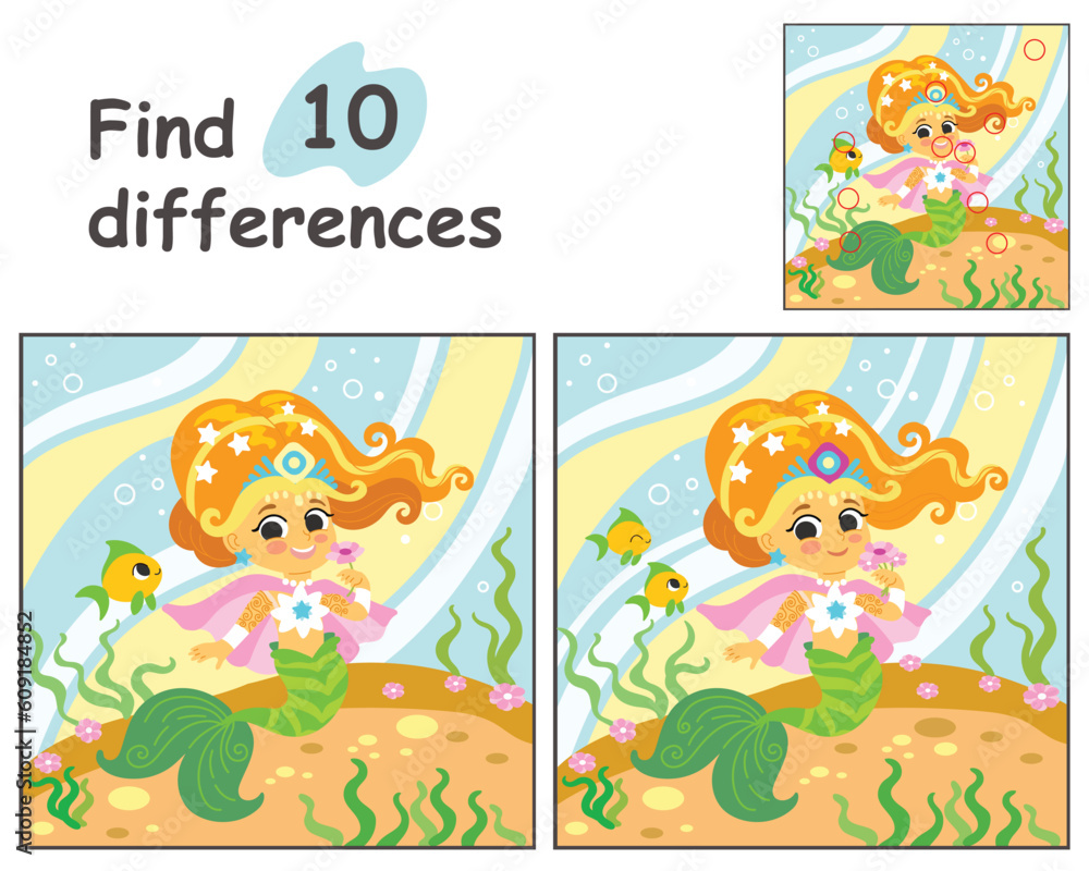 Find 10 differences with happy mermaid vector illustration